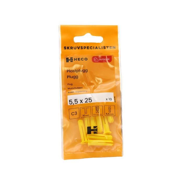 Plastplugg Gul 5,5 x 25 mm 10-pack Heco